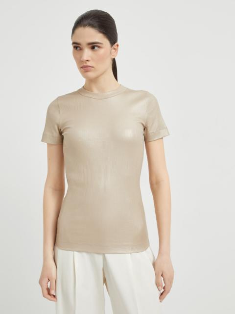 Sparkling stretch cotton ribbed jersey T-shirt with shiny tab