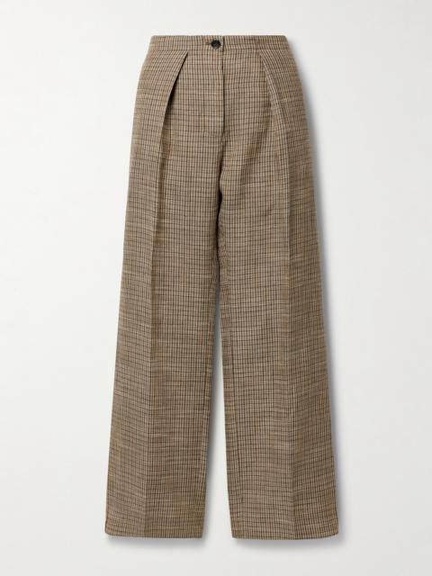 Pleated Checked Linen-blend Wide-leg Pants