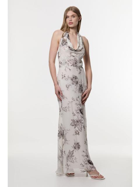 Sheer Viscose Georgette Sketchy Floral Deep V Woven Halter Neck Dress