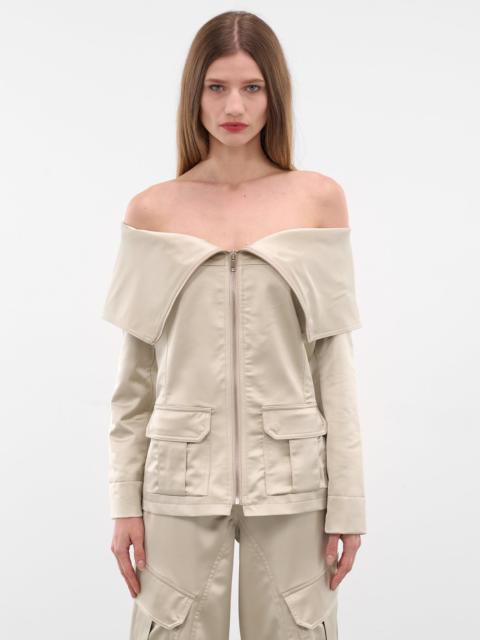 Ecru Satin Off-Shoulder Zip Jacket