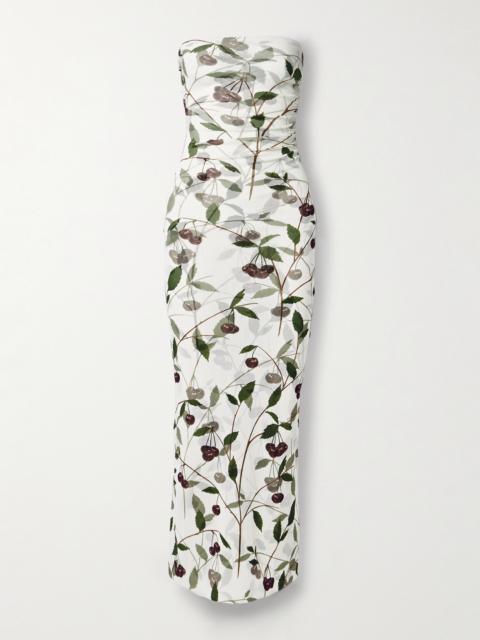 Strapless Ruched Printed Stretch-mesh Maxi Dress