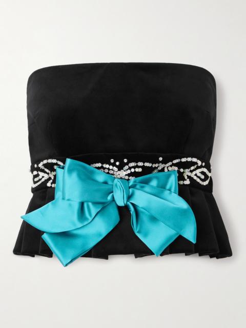 Embellished Satin-trimmed Cropped Cotton-blend Velvet Peplum Top