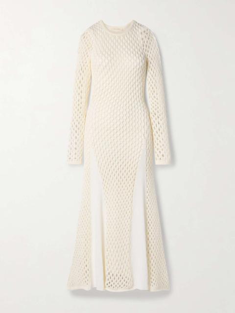 Anansi paneled crocheted and stretch-knit maxi dress Ivory