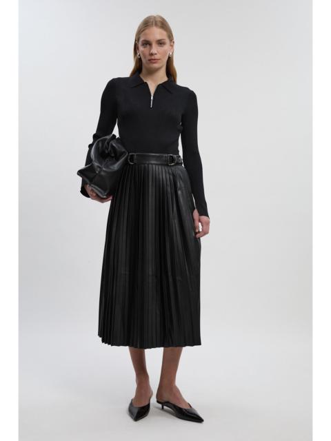 Knitted Zip Neck Pu Mix Pleated Midi Dress