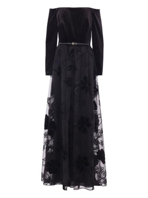 velvet floral-embroidered tulle dress