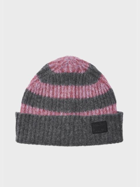 Women's Pink and Grey Lambswool-Blend Block Stripe Beanie