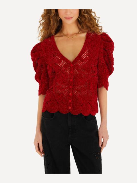 Red Rococo Hearts Puff-Sleeve Crochet Cardigan