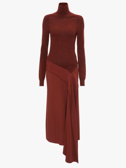 High Neck Tie Detail Dress In Russet