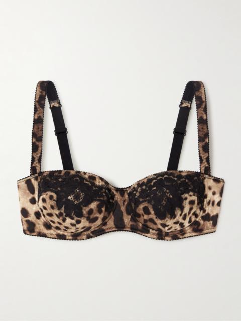 Lace-trimmed Leopard-print Silk-blend Satin Balconette Bra