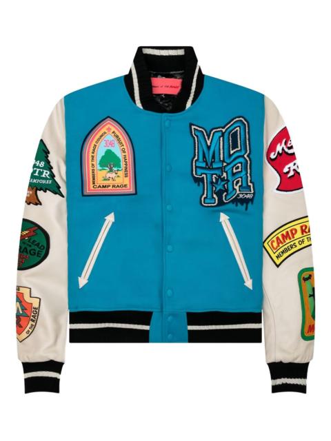 embroidered leather-sleeved bomber jacket