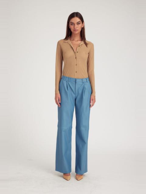 CHAMBRAY BLUE LEATHER PLEATED TROUSERS