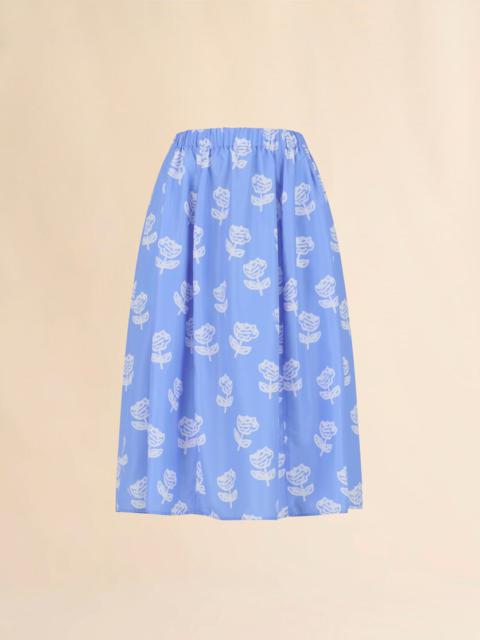LIGHT BLUE POPLIN EGG SKIRT WITH SPRAYED ROSES PRINT