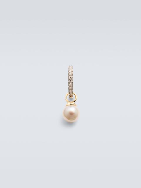 14kt gold single hoop earring with diamonds and freshwater pearl