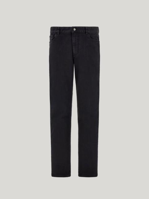 BLACK OVER-DYED FIVE POCKET STRETCH DENIM PANTS