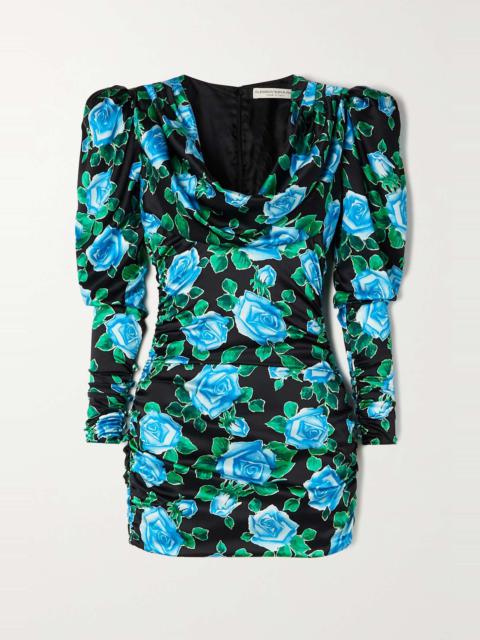 Draped floral-print duchesse silk-satin mini dress