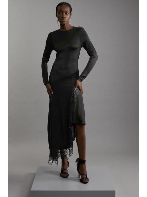 Viscose Blend Slinky Sheer Lace Detail Asymmetric Knit Maxi Dress
