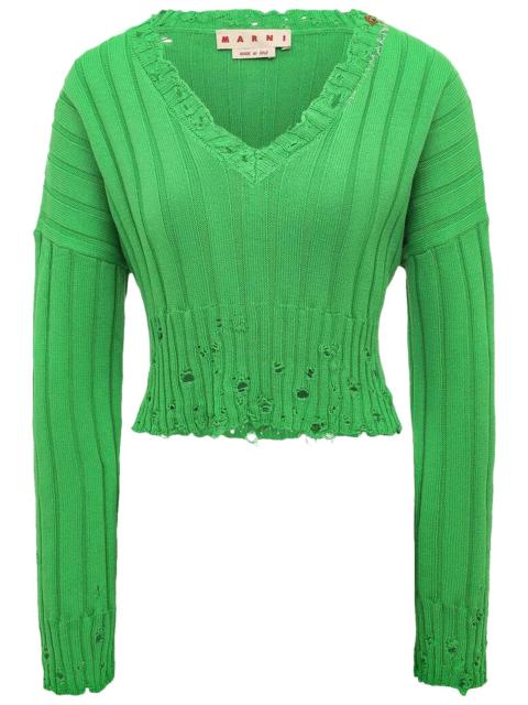Marni Distressed Rib Cotton V Neck Rib Sweater Sweaters Green