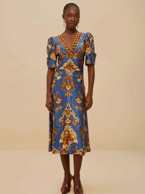 Blue Ornament Floral Midi Dress