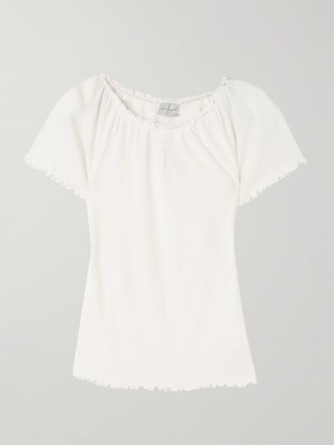 Flounce Shirred Cotton And Wool-blend Top