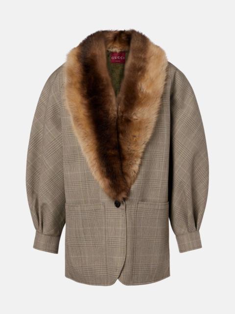 Checked shearling-trimmed wool jacket