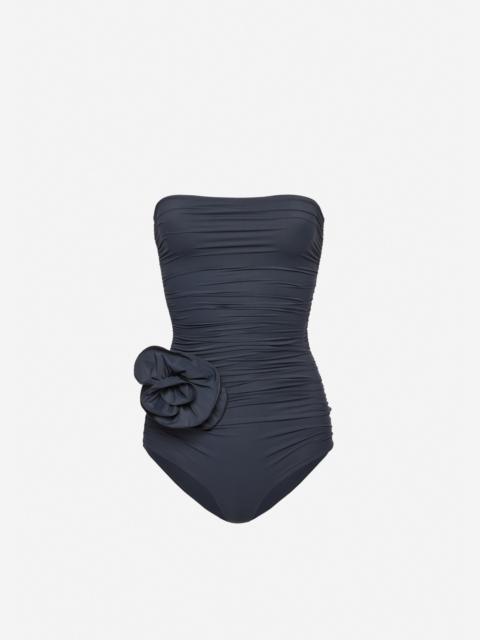 Flower appliqué strapless draped swimsuit in grey