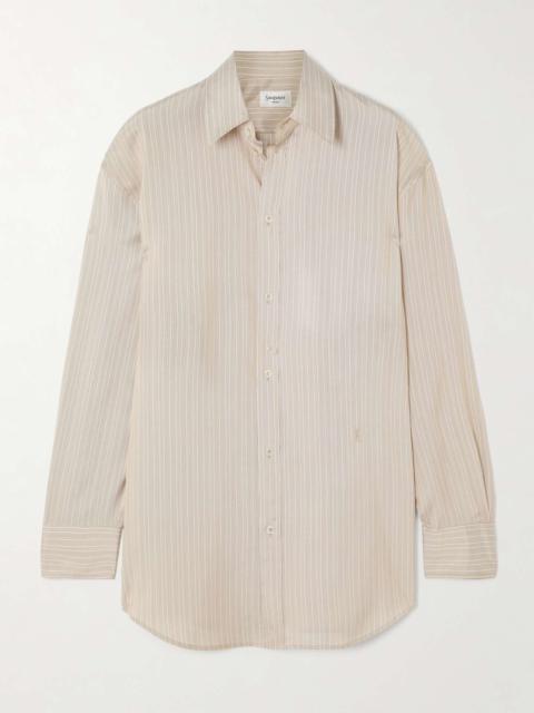 Embroidered striped silk shirt Beige