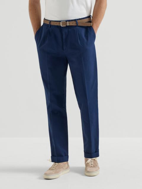 Garment-dyed trousers in twisted cotton gabardine with pleat