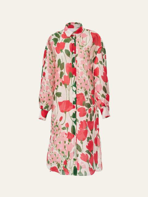 Rose Print Oversized Self-Belt Midi Shirt Dress