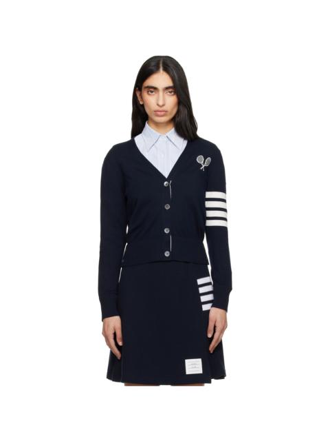 Navy Tennis Racquets 4-Bar Cotton V-Neck Cardigan