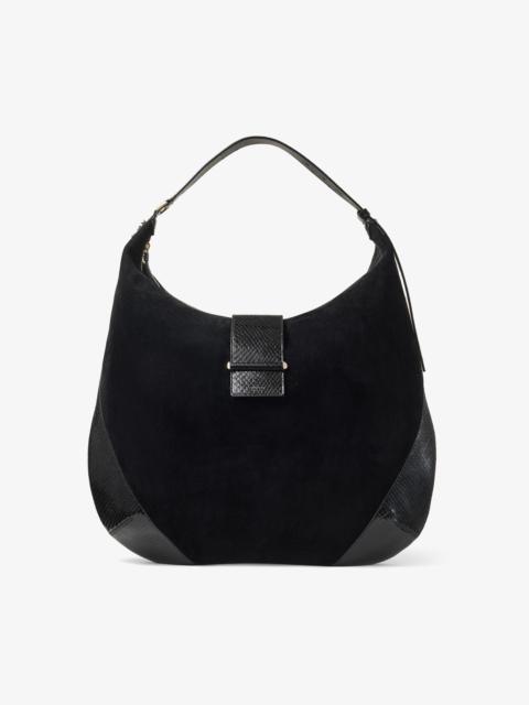 Bar Hobo L
Black Suede Shoulder Bag with Shiny Snake Printed Leather Trims