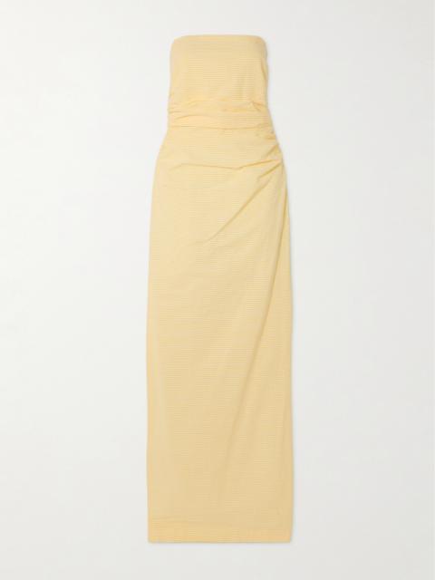 Vera Strapless Ruched Striped Cotton-seersucker Maxi Dress