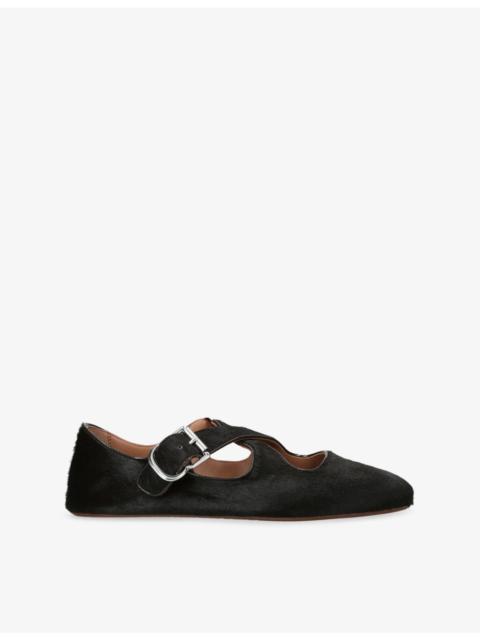 Criss Cross Pony-Hair Effect Leather Flats
