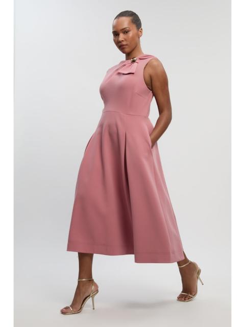 Plus Size Compact Stretch Bow Tie Neck Trim Detail Tailored Full Midi Dress
