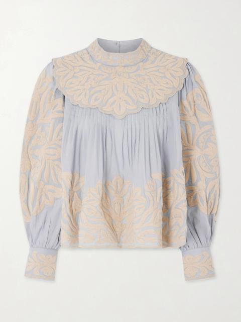 Alexandra Pleated Embroidered Cotton-voile Blouse