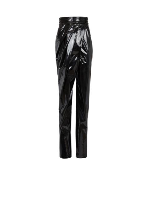 Asymmetric draped vinyl trousers