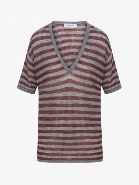 GREY STRIPED TISSUE CASHMERE V-NECK TEE