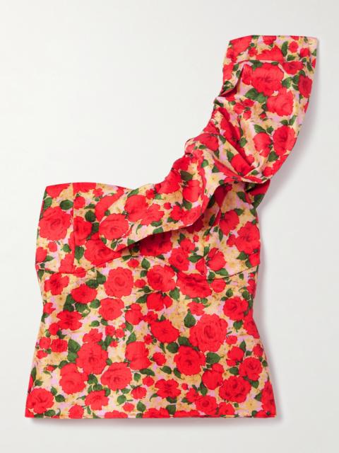 Yazmeen One-shoulder Ruffled Floral-print Taffeta Top