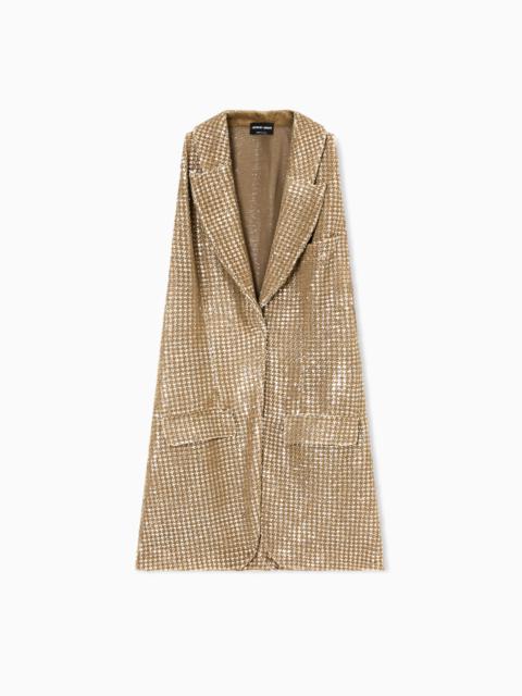 LONG JERSEY WAISTCOAT WITH A FLOCKED PRINT AND SEQUINS