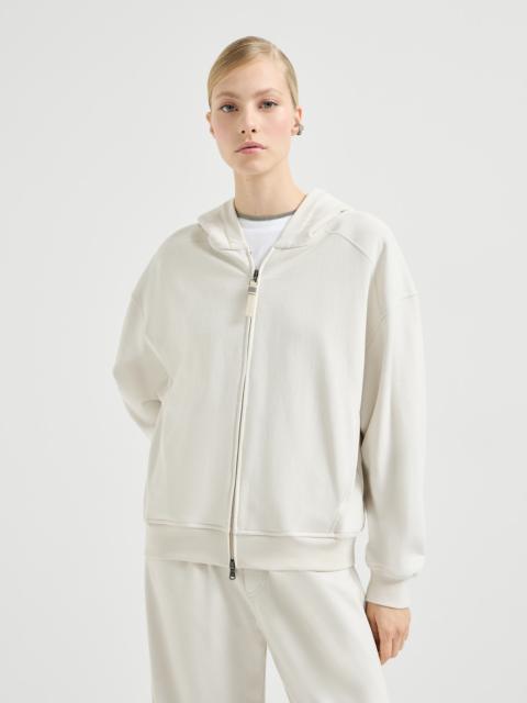Cotton smooth French terry hooded sweatshirt with shiny zipper pull
