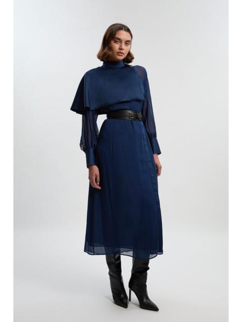 Military Sheer Cape Detail Woven Maxi Dress