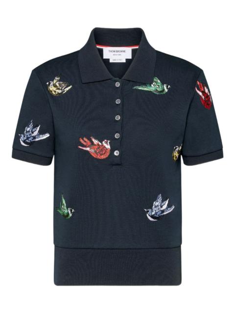 bird-embroidered rib-cuff polo shirt
