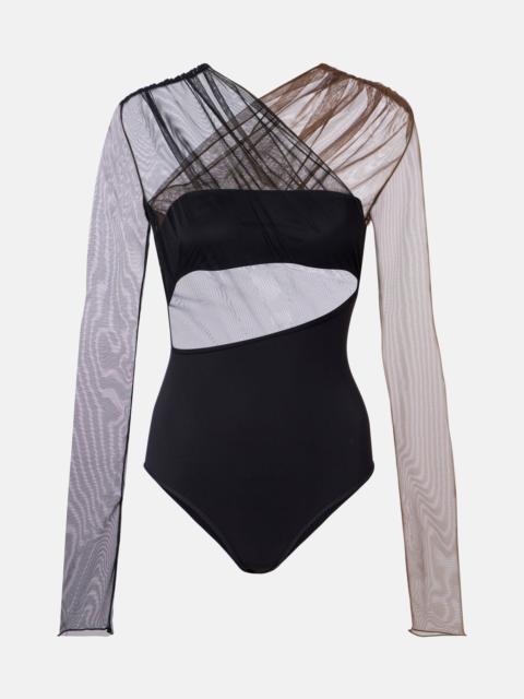 Cutout ruched sheer bodysuit