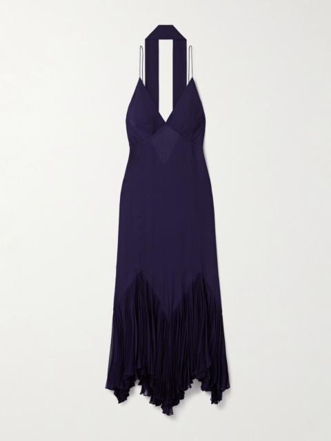Candita scarf-detailed pleated silk-georgette maxi dress Navy
