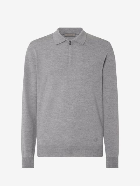 Light melange grey zip-up extra fine wool polo shirt
