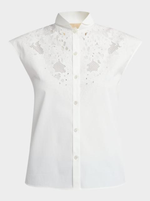 Broderie Anglaise Cap-Sleeve Button-Down Shirt