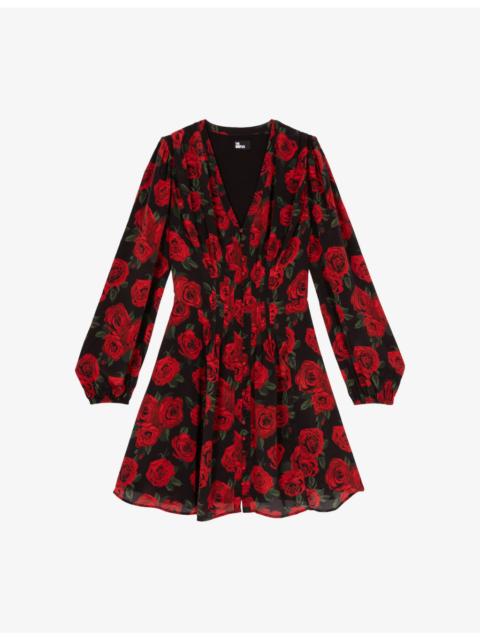 Rose-Print V-Neck Woven Mini Dress