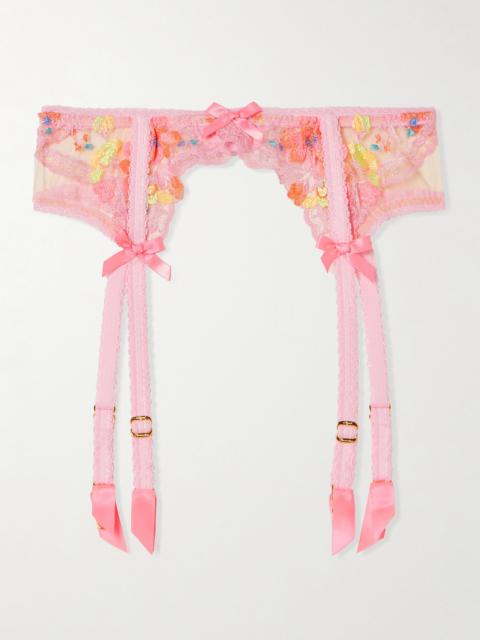 Rixie Bow-detailed Lace-trimmed Embroidered Tulle Suspender Belt