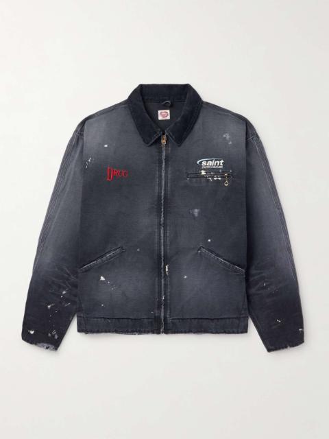 Corduroy-Trimmed Logo-Embroidered Distressed Cotton-Canvas Jacket