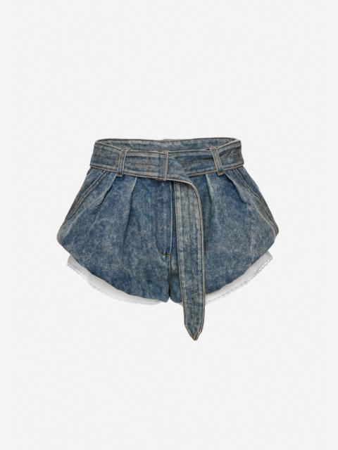 Flared denim shorts with underlayer in vintage blue