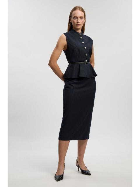 Petite Tailored Pinstripe Peplum Belted Midi Dress
